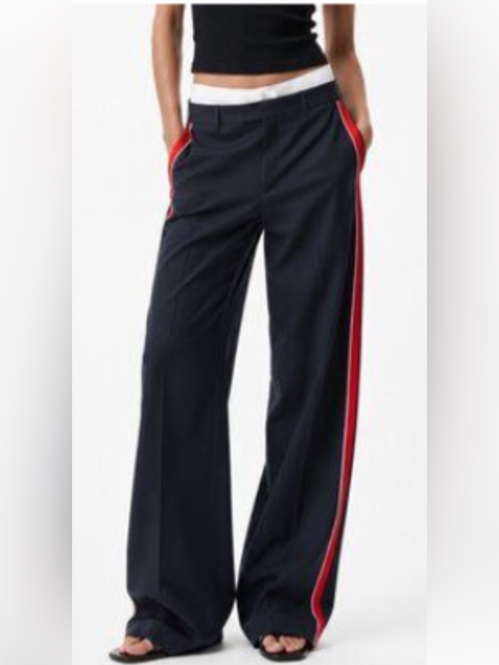Women’s Zara Navy Pinstripe Pants with Red Stripe M exc 30” inseam